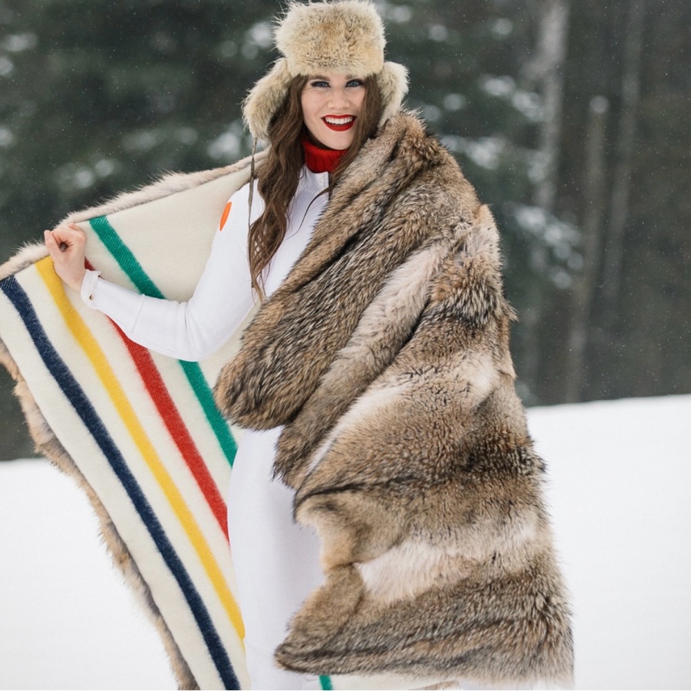 Hudson’s Bay Company HBC Stripes Dual Sided Wool Blanket with Coyote Fur